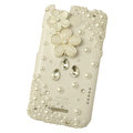 Bling Flower Crystals Cases Pearls Covers for HTC One X Superme Edge S720E - White