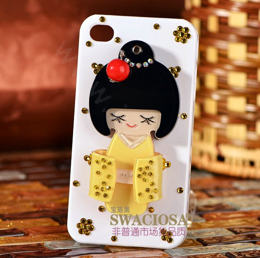 Bling Kimono doll Alloy Rhinestone DIY Phone Case Cover Deco Kit 90*45mm - Yellow