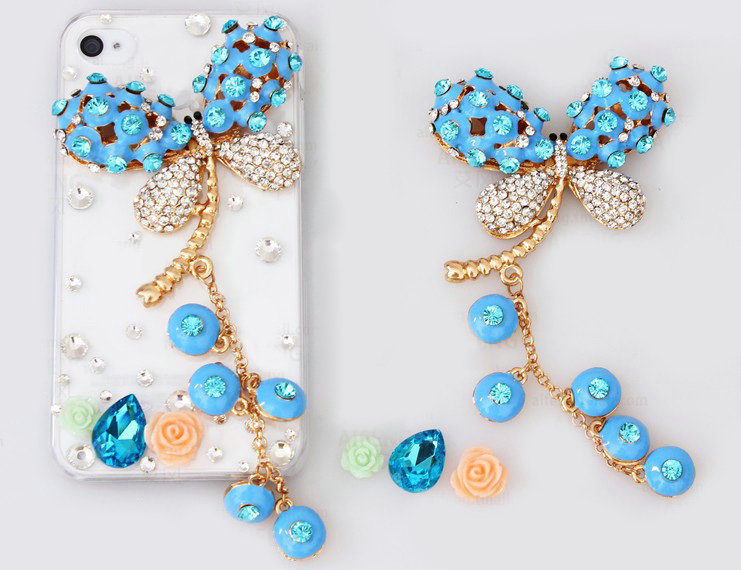 Alloy Dragonfly Crystal Metal DIY Phone Case Cover Deco Kit - Blue