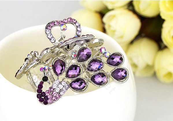 Hair Jewelry Crystal Rhinestone Peacock Metal Hair Clip Claw Clamp - Purple