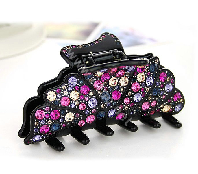 Hair Jewelry Floral Diamond Crystal Rhinestone Hair Clip Claw Clamp - Black