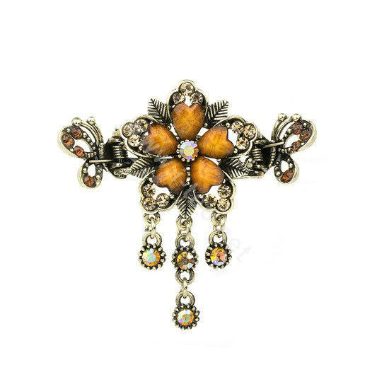 Vintage Sparkly Crystal Flower Gold Plated Metal Hair Barrette Clip Hair Accessory - Champagne