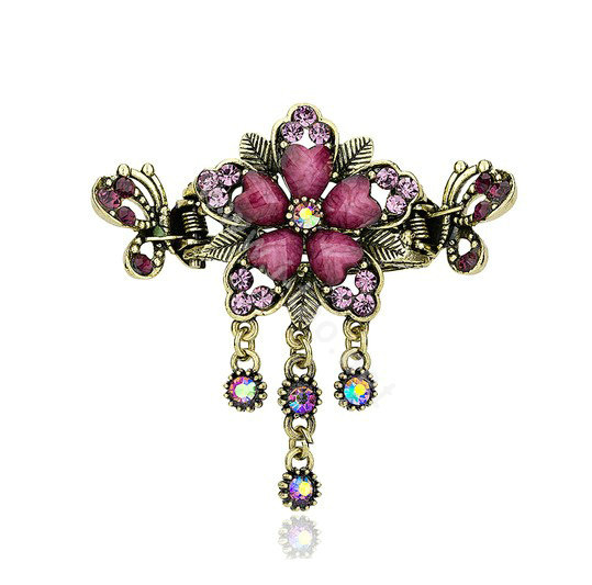 Vintage Sparkly Crystal Flower Gold Plated Metal Hair Barrette Clip Hair Accessory - Purple