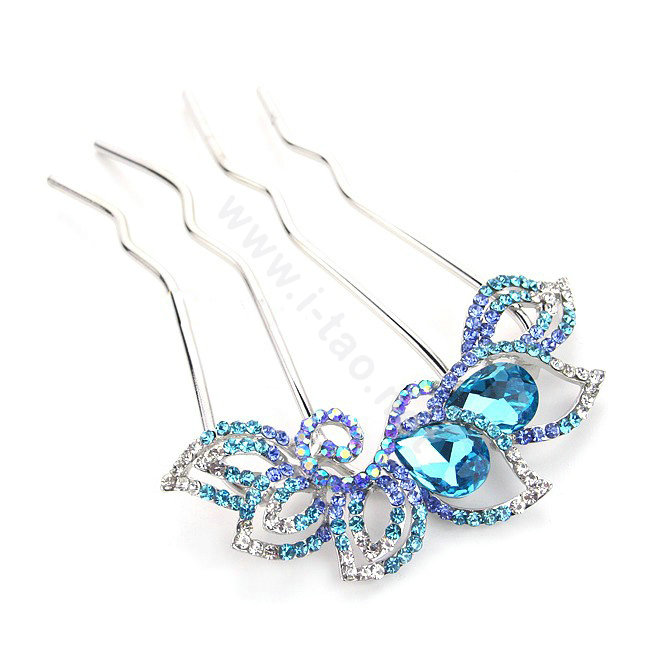 Elegant Hair Jewelry Crystal Rhinestone Flower Metal Hairpin Clip Comb - Blue