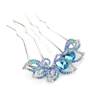 Elegant Hair Jewelry Crystal Rhinestone Flower Metal Hairpin Clip Comb - Blue