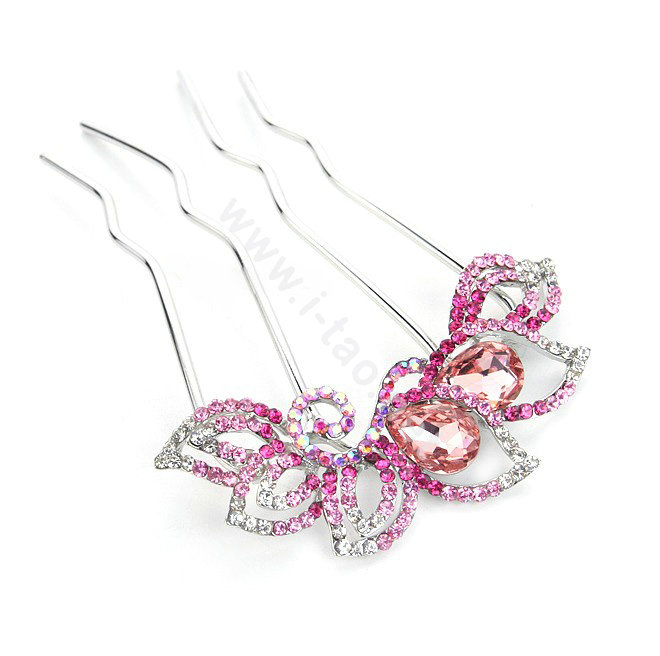 Elegant Hair Jewelry Crystal Rhinestone Flower Metal Hairpin Clip Comb - Pink