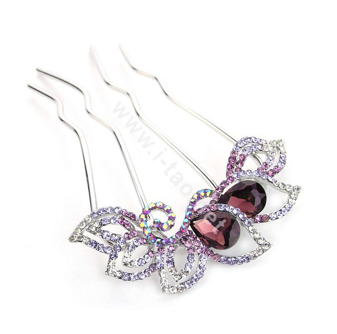 Elegant Hair Jewelry Crystal Rhinestone Flower Metal Hairpin Clip Comb - Purple