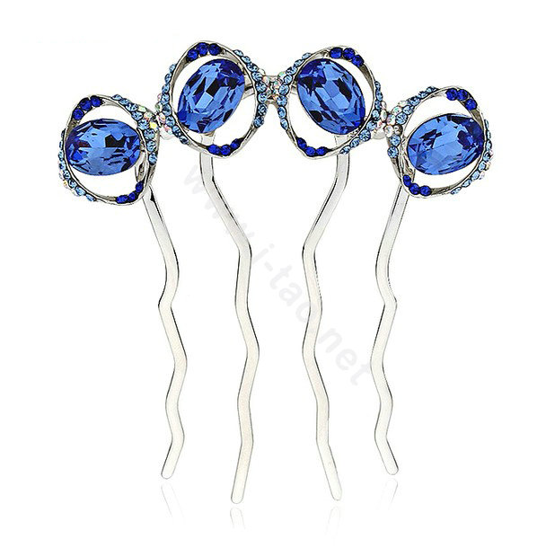 Elegant Hair Jewelry Rhinestone Crystal Circle Metal Hairpin Clip Comb - Blue