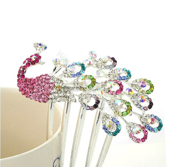 Elegant Hair Jewelry Rhinestone Crystal Peacock Metal Hairpin Clip Comb - Multicolor