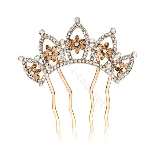 Hair Accessories Crystal Rhinestone Flower Crown Metal Hair Pin Clip Comb - Coffee