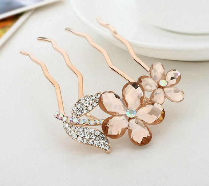Hair Accessories Crystal Rhinestone Flower Metal Hair Pin Clip Comb - Champagne