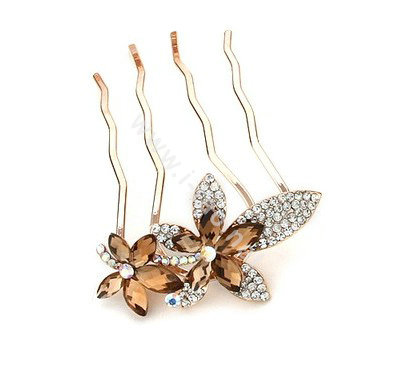Hair Accessories Metal Crystal Rhinestone Flower Hair Pin Clip Comb - Coffee White