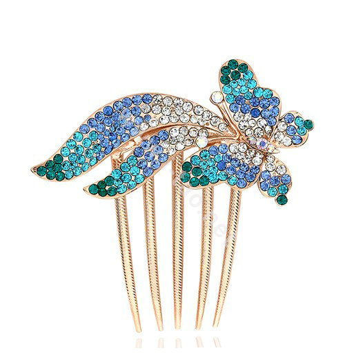 Hair Accessories Rhinestone Crystal Butterfly Metal Hair Pin Clip Comb - Blue