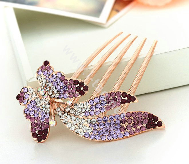 Hair Accessories Rhinestone Crystal Butterfly Metal Hair Pin Clip Comb - Purple
