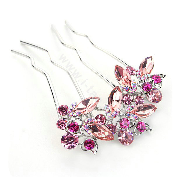 Hair Jewelry Crystal Rhinestone Lover Flower Metal Hairpin Clip Comb Pin - Pink