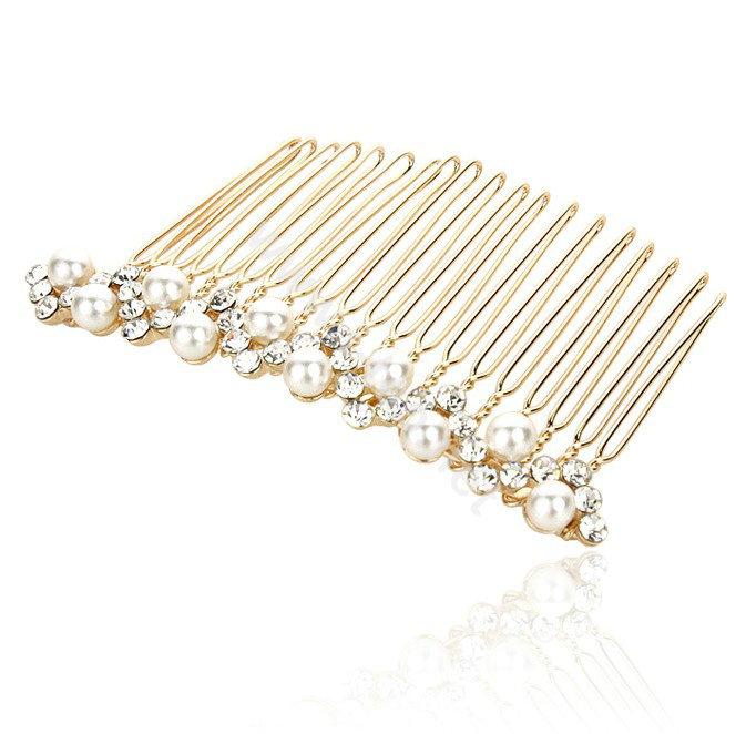 Hair Jewelry Crystal Rhinestone Pearl Metal Hair Pin Comb Clip - White
