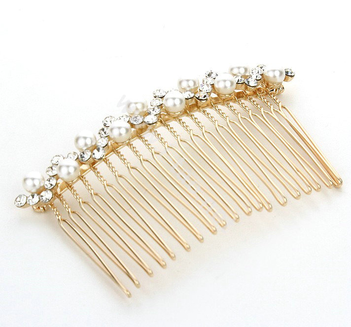 Hair Jewelry Crystal Rhinestone Pearl Metal Hair Pin Comb Clip - White