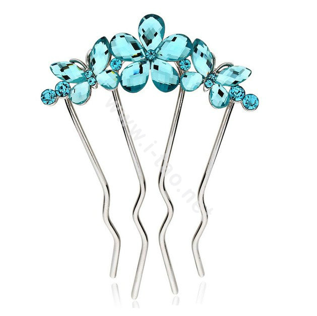 Hair Jewelry Rhinestone Crystal Butterfly Flower Metal Hairpin Clip Comb Pin - Blue