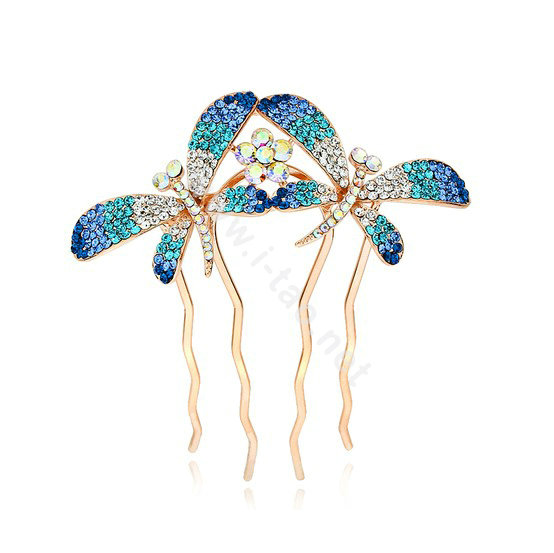 Hair Jewelry Rhinestone Crystal Butterfly Metal Hair Pin Clip Comb - Blue