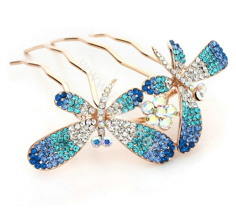 Hair Jewelry Rhinestone Crystal Butterfly Metal Hair Pin Clip Comb - Blue