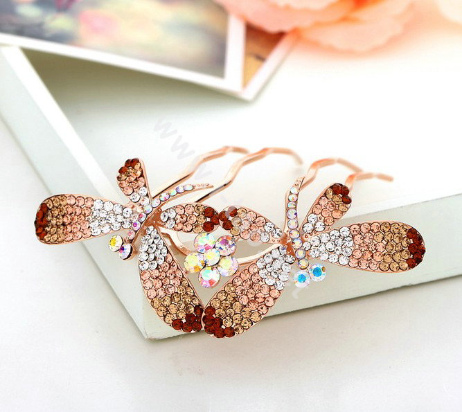 Hair Jewelry Rhinestone Crystal Butterfly Metal Hair Pin Clip Comb - Champagne
