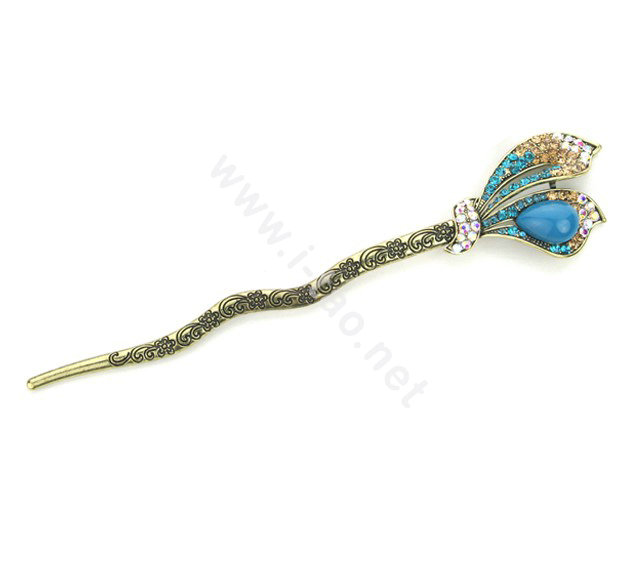 Lily flower Crystal Rhinestone Hairpin Hair Clasp Clip Fork Stick - Blue