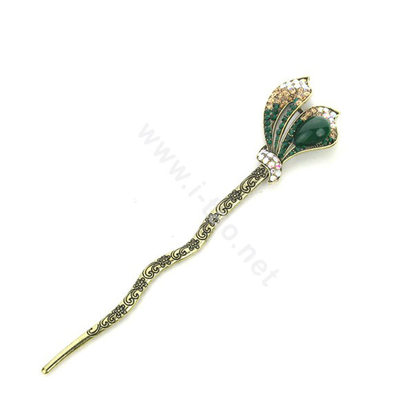 Lily flower Crystal Rhinestone Hairpin Hair Clasp Clip Fork Stick - Green