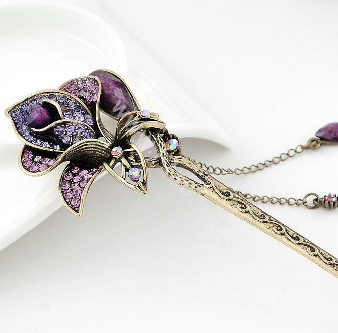 Retro Flower Crystal Rhinestone Hairpin Hair Clasp Clip Fork Stick - Purple