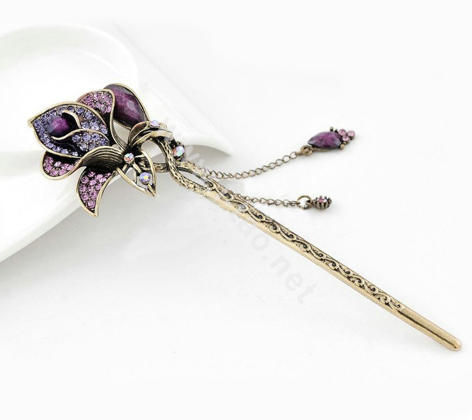 Retro Flower Crystal Rhinestone Hairpin Hair Clasp Clip Fork Stick - Purple