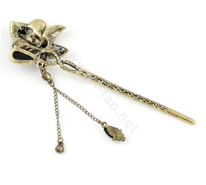Retro Flower Crystal Rhinestone Hairpin Hair Clasp Clip Fork Stick - Purple