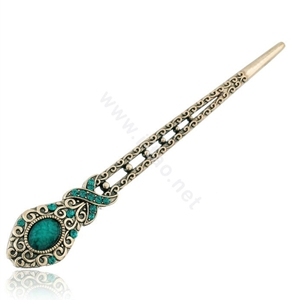 Retro Flower Pattern Crystal Rhinestone Hairpin Hair Clasp Clip Fork Stick - Green