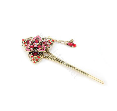 Retro Flower Tassel Rhinestone Crystal Hairpin Hair Clasp Clip Fork Stick - Red