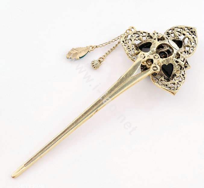 Retro Flower Tassel Rhinestone Crystal Hairpin Hair Clasp Clip Fork Stick - Red