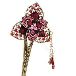 Retro Flower Tassel Rhinestone Crystal Hairpin Hair Clasp Clip Fork Stick - Red