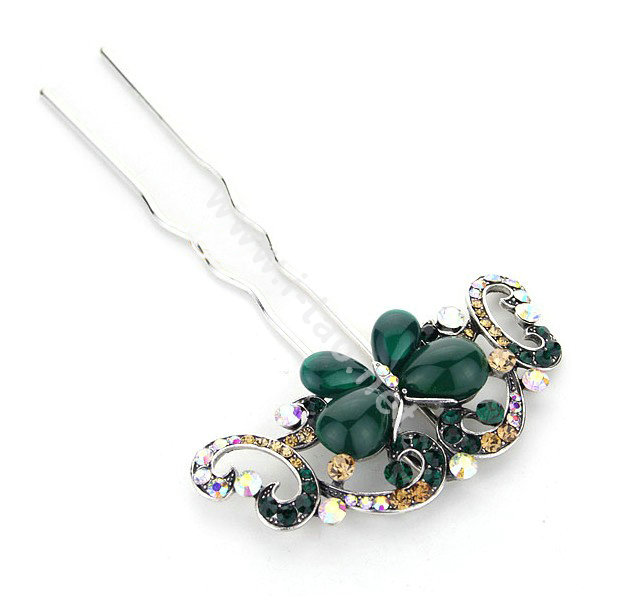 Retro HairPin Crystal Rhinestone Butterfly Hair Comb Clip Fork Stick - Green