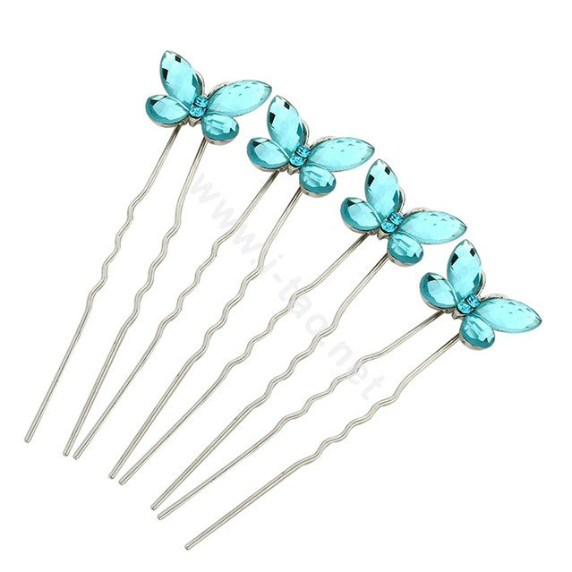 U Shape HairPin Crystal Rhinestone Butterfly Hair Comb Clip Fork Stick - Blue