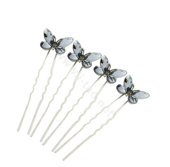 U Shape HairPin Crystal Rhinestone Butterfly Hair Comb Clip Fork Stick - Gray