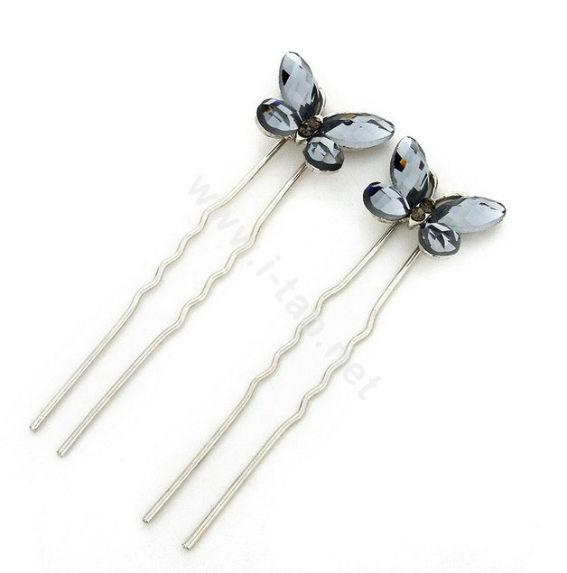 U Shape HairPin Crystal Rhinestone Butterfly Hair Comb Clip Fork Stick - Gray