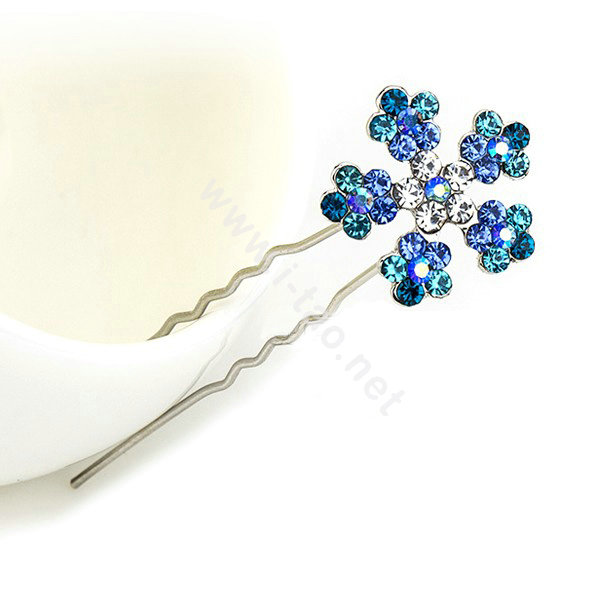 U Shape HairPin Crystal Rhinestone Flower Metal Hair Comb Clip Fork Stick - Blue