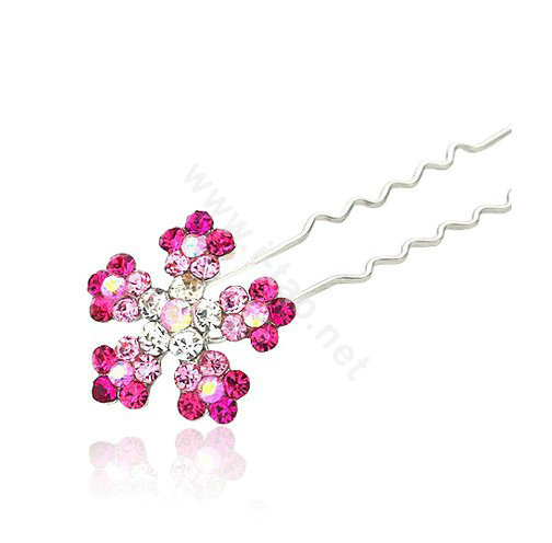 U Shape HairPin Crystal Rhinestone Flower Metal Hair Comb Clip Fork Stick - Pink