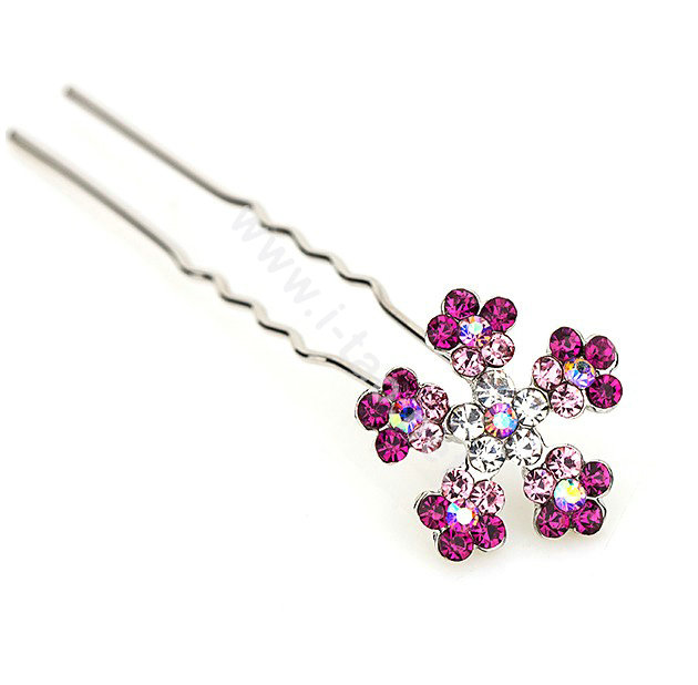 U Shape HairPin Crystal Rhinestone Flower Metal Hair Comb Clip Fork Stick - Pink
