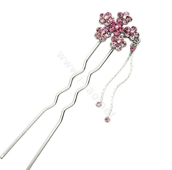 U Shape HairPin Crystal Rhinestone Flower Tassel Hair Comb Clip Fork Stick - Pink