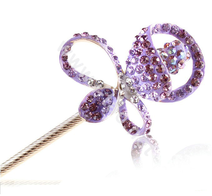 Bling Rhinestone Crystal Flower Hairpin Hair Clasp Clip Fork Stick - Purple