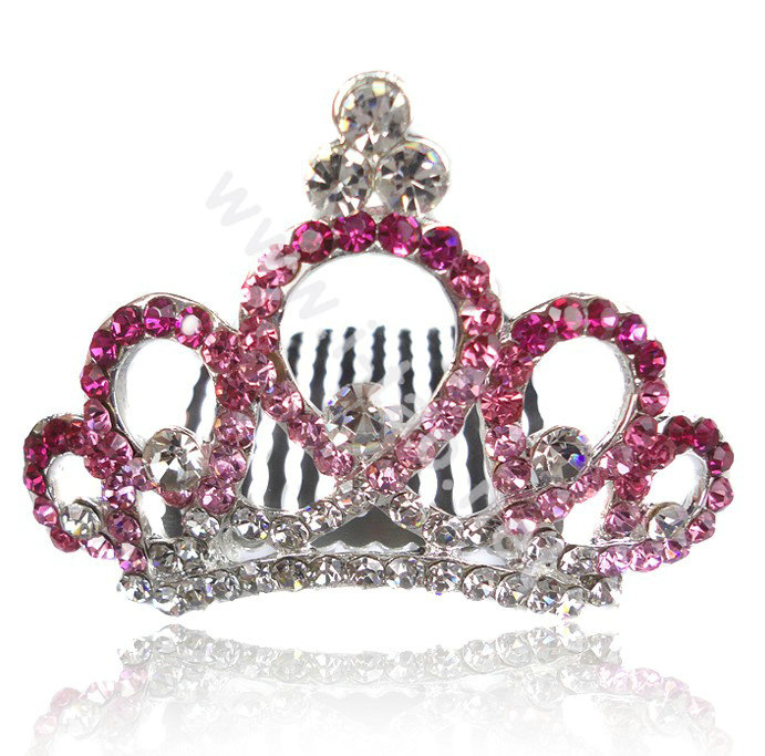 Bride Hair Accessories Rhinestone Crystal Alloy Crown Hair Pin Clip Combs - Pink