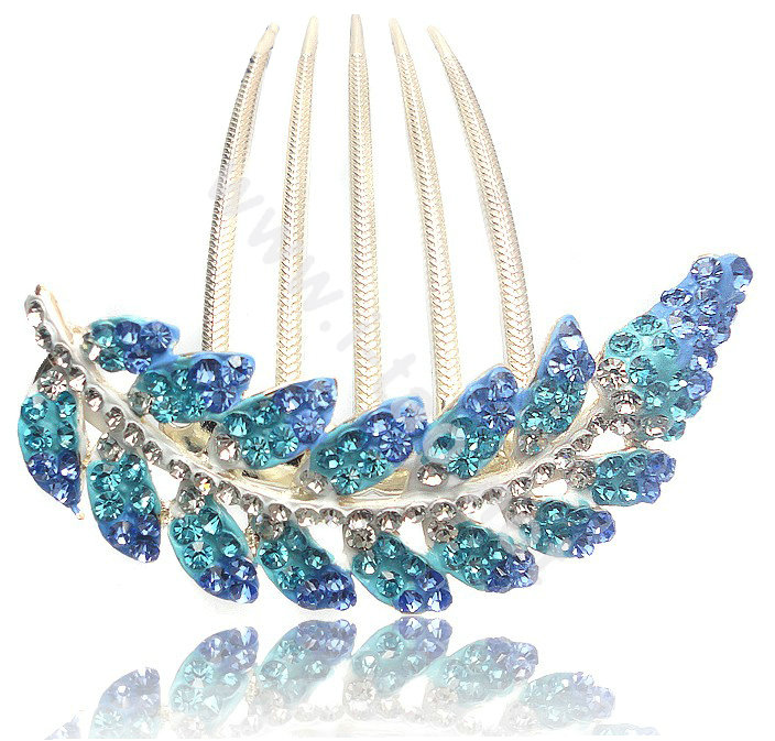 Elegant Hair Accessories Alloy Crystal Rhinestone Leaf Hair Combs Clip - Sky Blue