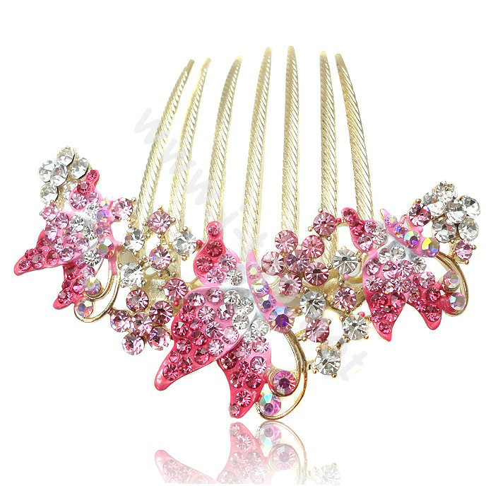 Elegant Hair Accessories Rhinestone Crystal Butterfly Alloy Hair Combs Clip - Pink