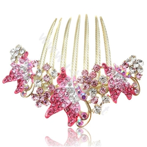 Elegant Hair Accessories Rhinestone Crystal Butterfly Alloy Hair Combs Clip - Pink