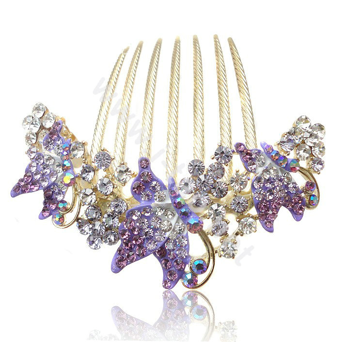Elegant Hair Accessories Rhinestone Crystal Butterfly Alloy Hair Combs Clip - Purple