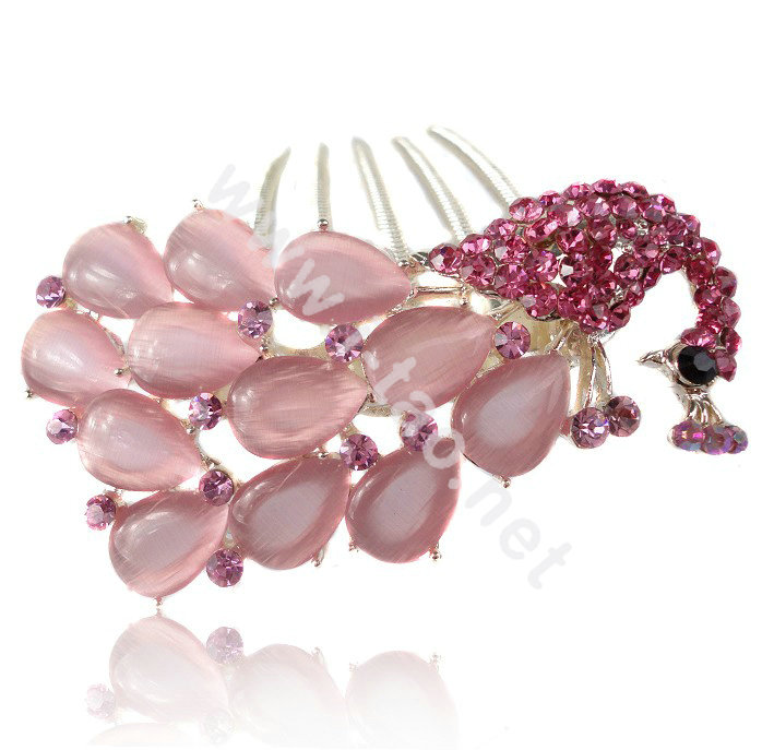 Elegant Hair Accessories Rhinestone Crystal Peacock Alloy Hair Combs Clip - Pink