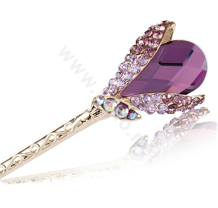 Elegant Rhinestone Crystal Flower Hairpin Hair Clasp Clip Fork Stick - Purple